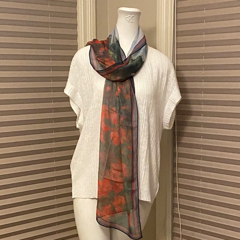 Galleria Enterprises, Inc. Red and Green Floral Scarf- Claude Monet image
